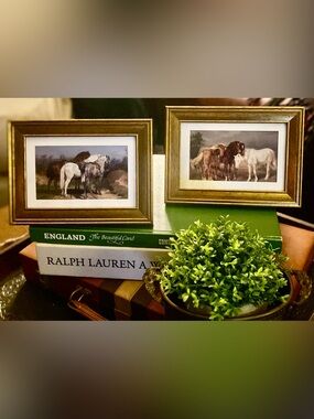 Set of 2 Small Framed Horse Prints | Equestrian Art Gold Frames